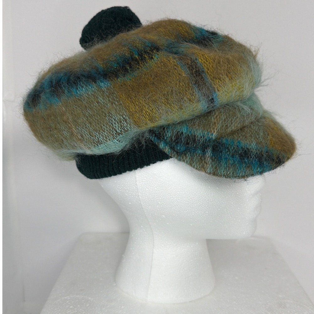 Edinburgh Woollen Mill Plaid Mohair Wool Newsboy Cap Hat Made in Scotland Green